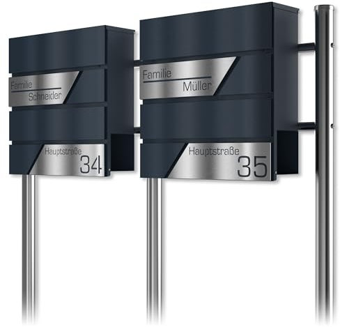 Graviers Design Doppelbriefkasten in Anthrazit RAL 7016 mit Standfuß freistehend - Postkasten personalisiert Edelstahl Namensschild - Briefbox mit SchlossZeitungsfach