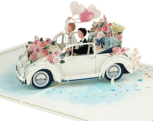 Hochzeitskarte Pop Up | 3D-Jubiläumsgruß für Paar, Ehefrau, Ehemann, Eltern (Größe 15 x 20 cm – Hochzeitsauto Gay)