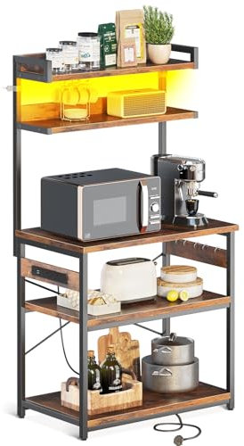 Coleshome Microwave Shelf Stand with Power Outlet & LED Lights, Kitchen Storage Rack with 5 Shelves and 5 Hooks, Baker's Rack with Steel Frame, Industrial Coffee Bar, 35 x 80 x 150 cm, Rustic Brown