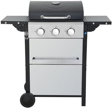 Woodland Grill 3-Burner Gas BBQ with Built-In Thermometer - Stainless Steel Outdoor Barbecue Grill, Durable Rubber Wheels, Foldable Shelves, & Bottle Opener. Propane Gas Regulator Included