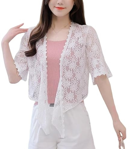 WLLDDDIU Bolero Femme, Boléro en Dentelle pour Femme, Cardigan D'Été À Manches 3/4, Noué sur Le Devant, Élégant, Court, en Tricot, Robe Transparente À Fleurs, pour Mariage, Soirée, Décontr