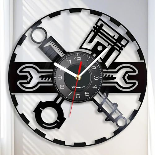 Viiluuxr Vinyl Schallplatten Uhr 30cm Wall Clock Autowerkstatt Reparaturwerkzeuge Kunsthandwerk Ausgefallene Wanduhren ohne Tickgeräusche Garage Dekorationen Geschenke für Männer. (Schwarz)