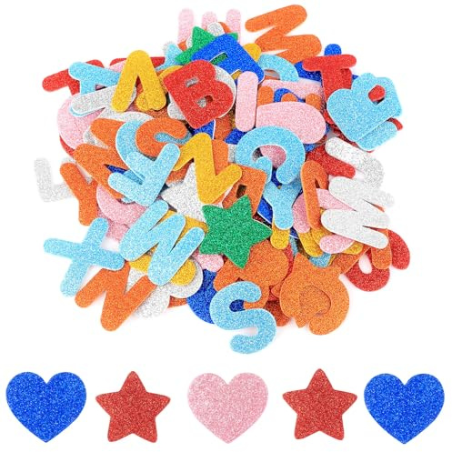 AIOUHMYM 200 bunte Glitzer-Buchstabenaufkleber zum Basteln | Selbstklebende Moosgummi-Buchstaben, geeignet für Scrapbooking und Basteldekorationen