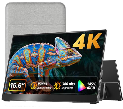 kksmart Portable Monitor 15.6 inch 4K UHD 145% sRGB 60Hz, Travel Monitor for Laptop MacBook Surface PC Xbox PS5, HDMI USB-C VESA Compatible Built-in Speaker