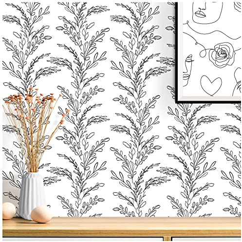 Black and White Floral Wallpaper, 44.5 x 500 cm Floral Self Adhesive Wallpaper Flower Leaf Plants Peel and Stick Wall paper Boho Self Adhesive Furniture Wrap for Living Room,Bathroom,Drawer,Cabinets