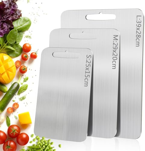 3 Pezzi Tagliere Acciaio Inox, Tagliere in Titanio per Cucina, Doppio Lato Igienico e Resistente, Ideale per Carne, Frutta e Verdura in Cucina