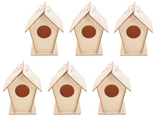 VICASKY 6 Stück Selbstgemacht Holz Vogelhaus Bastelset Klein aus Unbehandeltem Holz mit Aufhängeschnur zum Bemalen für Garten Fenster Balkon