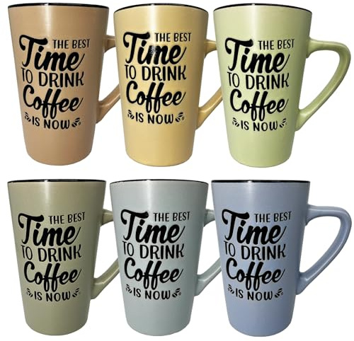 Set de 6 Tazas XXL 500 ml de Cerámica PREMIUM – The Best Time to Drink Coffee is Now – Mugs Grandes XL para Café – 6 Colores Diferentes – Aptas Microondas, Lavavajillas y Congelador 13,5 cm