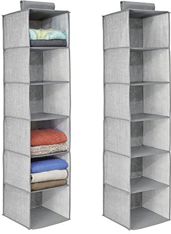 mDesign 2er-Set hängender Stoffschrank – 6 Regalfächer – idealer Hängeschrank aus Stoff für das Schlafzimmer – perfekt auch als Hängeregal für Kleidung, Gürtel, Clutches, etc. geeignet – grau