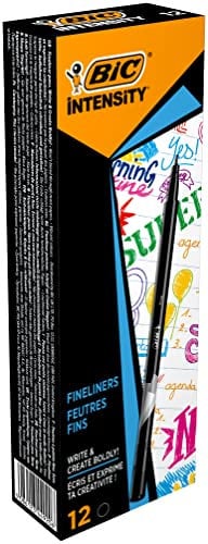 BIC Intensity Fineliner, Filzstifte Set mit 12 Stiften in Schwarz, mit feiner Spitze, Ideal für das Büro, das Home Office oder die Schule | 12 Stück (1er Pack)