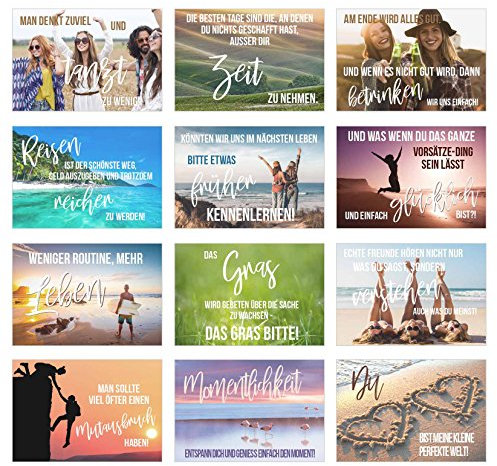 Set 12 Postkarten mit Sprüchen - Karten mit Spruch - Geschenkidee - Dekoidee - Liebe, Freundschaft, Leben, Motivation, lustig – Postcrossing - Geburtstagskarten