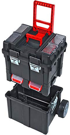 ADB Werkzeugkasten, Werkzeug-Koffer, Trolley, HD Compact aus PP, 495x350x712mm, leer, abschließbar, fahrbar, rollbar, unbestückt, schwarz/rot