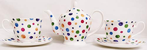 Rainbow Decors Ltd Polka Dot Tea Set for Two Fine Bone China Multi Colour Spotty 1 Teapot 2 Cups & 2 Saucer