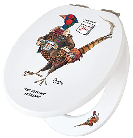 Fun Novelty Toilet Seat Soft Close, Easy Fit, Printed On 3 Surfaces with Bryn Parry Humorous Pheasant Shooting Season Art. A Great Gift Idea to Add A Touch of Fun to Any Shooting Enthusiats Bathroom.