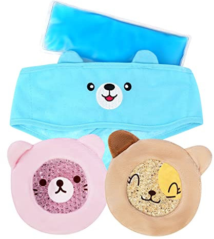 ICEHOF Kühlpads Kinder Set mit Motiven - Stirband mit Klettverschluss Hülle sanfter Stoff Gel Kühlakku Kühlkompressen Kühlpack Kühlpad - Prellung Schwellung Verbrennung (Bär & Katzen)