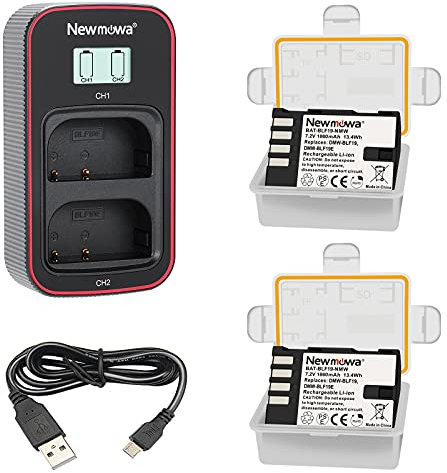Newmowa DMW-BLF19 DMW-BLF19E Ersatzakku (2er-Pack) und Smart LCD Display Dual USB-Ladegerät für Panasonic DMW-BLF19 DMW-BLF19E und Panasonic DMC-GH3,DMC-GH4,DMC-GH5,DC-GH5S