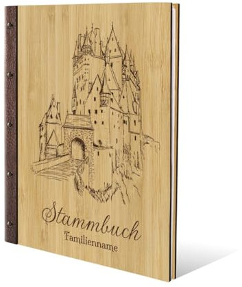 Stammbuch Gravur individuell Bambus Cover mit Echtleder Rücken inkl. vorgedruckte Seiten und Klarsichthüllen DIN A4 (240 x 310 mm) - Mittelalter Burg