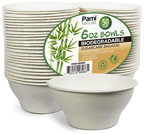 PAMI 100% Biodegradable Sugarcane Bowls [Pack of 50] 6 oz. Natural Compostable Soup Bowls- Planet-Friendly Bagasse Bowls For Hot & Cold Uses- Heavy-Duty Disposable Microwavable Paper Serving Bowls