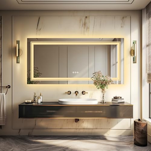 LUVODI Miroir Rectangulaire Salle de Bain LED: 120x60cm Miroir connecté avec Prise Interrupteur Tactile Gradable Miroir Mural 3 Couleurs Anti-Buée Mémoire IP65 Éclairage intégré et Rétroéclairage