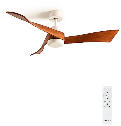 CREATE / WINDCURVE/Ventilateur de plafond avec télécommande, blanc pales bois foncé / 40W, Ø132 cm, 6 vitesses, programmable, été-hiver, double hauteur