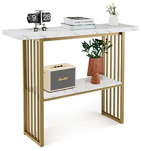 COSTWAY Konsolentisch schmal, Beistelltisch Gold, Marmor Optik, Flurtisch Holz, 2 Ebenen, 120 x 29,5 x 92,5 cm, ideal für Flur und Wohnzimmer, modern