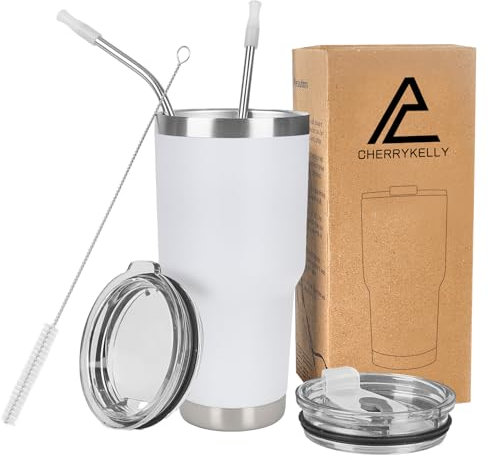 CherryKelly 30oz (850ml) Insulated Travel Tumbler Mug Stainless Steel Vacuum Coffee Cup with 2 Leak-Proof Lids & Straws, BPA-Free, Hot & Cold, Commute, Gym, Office - White