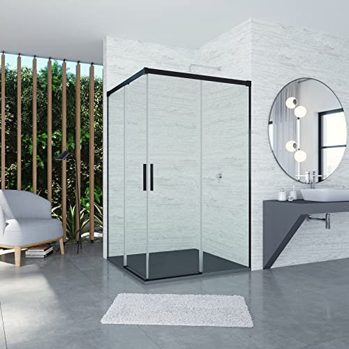 ANUKET, mampara de ducha, vidrio transparente, altura-198,5cm, rango- (87-90x67-70), aluminio, Negro mate, Angular 2 hojas correderas + 2 hojas fijas, 70x90cm