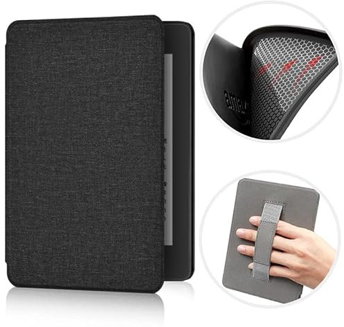 ERUNTO Hülle für 6 Zoll Kindle (Released in 2022 and 2024), TPU Cover mit Stoffstruktur und Handgürtel auf der Rückseite, Magnetische Shell Cover mit Smart Wake-up/Sleep-Funktion(Schwarz)