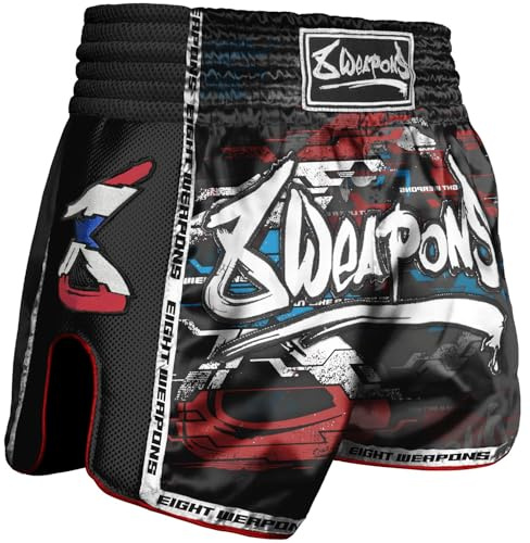 8 WEAPONS Muay Thai Shorts Cut Like a Blade 2.0, Schwarz, Kickboxhose für Training & Wettkampf, Thaibox Shorts Satin, Atmungsaktiv, Langlebig, Kampfsporthose für MMA, K1, Boxen, Thai Boxen