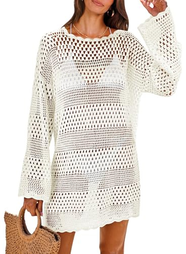ANRABESS Women Swimsuit Crochet Swim Cover Up 2026 Summer Bathing Suit Swimwear Mesh Knit Beach Dress Vacation Outfits Cream White Medium