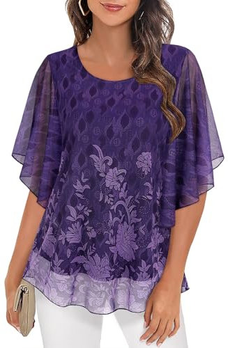 Syphiby Womens Tops, Ladies Dressy Tops Formal Flutter 3/4 Sleeve Shirts Casual Scoop Neck Work Office Floral Printed T Shirt Loose Elegant Tunic Tops for Leggings, Deep Violet-XL