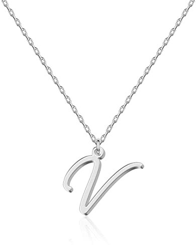 personalisierte Initialen-Halskette V mit Anhänger in handgeschriebener Buchstaben-Schriftart, Edelstahlschmuck für Frauen, Geschenk zum Jubiläum, Geburtstag, Weihnachten, Valentinstag, Muttertag