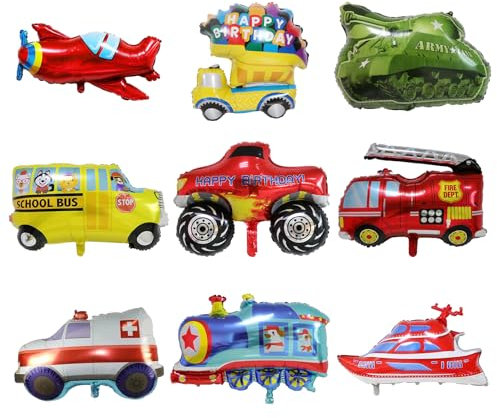 9pcs Fahrzeuge Folienballon Set, TACYKIBD Transport Luftballons, Polizei Auto Krankenwagen LKW Feuerwehrauto Zug Schule Bus Flugzeug Yacht Ballons für Kinder Kinder Geburtstag Party Dekoration