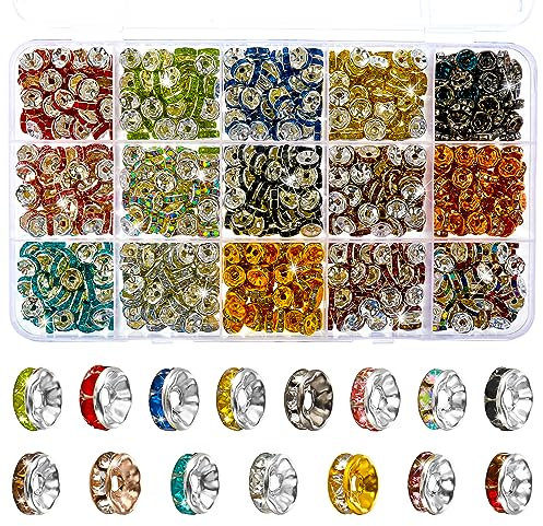 900 Stück Glasperlen für Armbänder, 7mm Glitzerperlen Metall Spacer Perlen zum Auffädeln, Rondelle Strass Abstandsperlen Kristall Metallperlen Round Zwischenperlen für DIY Ohrringe Halskette Schmuck