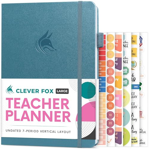 Clever Fox Lehrerplaner, Schuljahresplaner mit Kalendern und Unterrichtsplänen, Lehrerplan-Buch für Klassenzimmer und Heimschule, undatiert, 17,8 x 25,4 cm, Hardcover (Aquamarin)