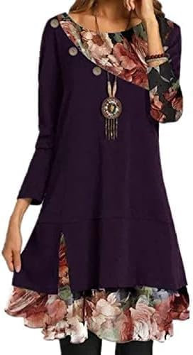 Abito Elegante e alla Moda Maniche Lunghe in Primavera e Autunno Stampato in Chiffon Femminile,XL,Viola Scuro