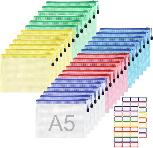 30stk Dokumententasche A5 mit 48stk Etiketten Selbstklebend, Beutel mit Reißverschluss Taschen Bunte Taschen für Dokumente Mesh Kunststoff Dokumententasche für Datei, Dokumente, Kosmetika