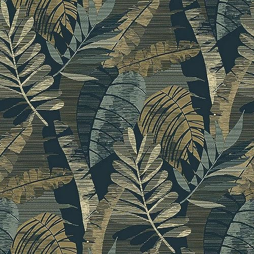 Belgravia Decor Sarika Blue Gold Wallpaper 1602 - Tropical Jungle Palm Leaf