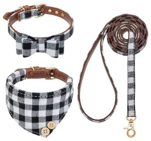 EXPAWLORER Hundehalsband mit Leine - Einstellbarer Hundehalsband mit Tuch und Fliege, haltbarer weicher Hundeleine, moderner Halsband und Leine Set Hund für kleine mittelgroße Hunde, Schwarz Weiß M