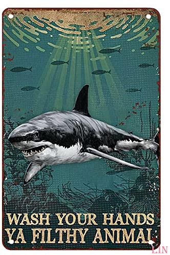 Metalldekoration für Wand, Hai-Poster, Hai-Ozean, waschen Sie Ihre Hände, Ya Filthy Tier, Metallschild, Vintage, Heimdekoration, rustikale Aluminium-Blechschilder, Wandkunst, Metallposter für Garage,