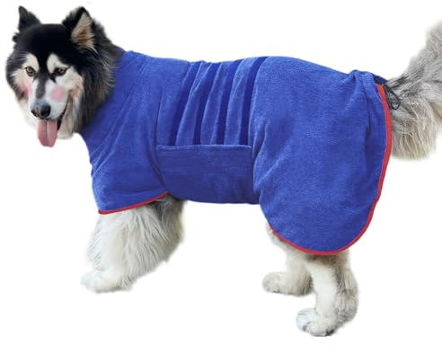 Hundemantel, Handtuch, Mikrofaser-Material, schnell trocknend, super saugfähig, schnell trocknend, feuchtigkeitsabsorbierend, Hunde-Bademantel mit verstellbarem Kragen, Bauchgurt