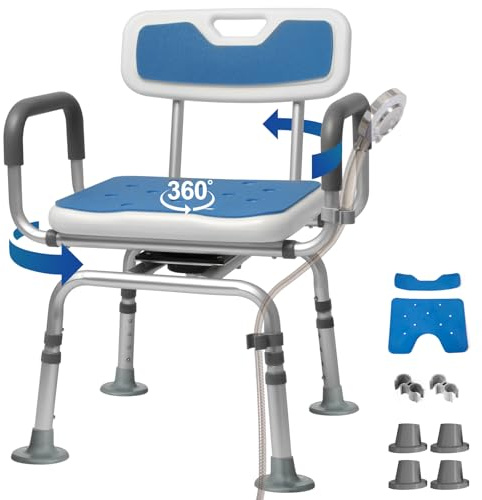 360° Schwenk-Duschstuhl mit Rückenlehne und Armlehnen, drehbar, kältebeständige Pads, bis 150kg tragbar, werkzeugfreie Montage, ideal für die Innendusche.