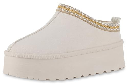 VAN HILL Damen Pantoffeln Plateau Prints Bequem Schuhe 214168 Beige 39