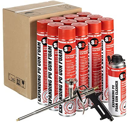 Stick2 One Component Polyurethane Expanding Gun Foam Expanding Foam Filler Exceptional Adhesion for Various Applications Gap Filler - Pack of 12 + 1 Applicator Gun + 1 x 500ml Gun Cleaner