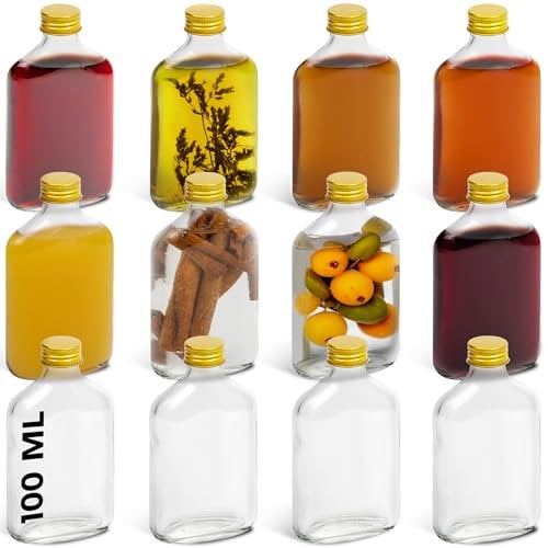 HEFTMAN Flask Small Glass Bottles - 10 Pack 100ml Glass Bottles with Lids, Empty, Airtight, Reusable 100ml Bottle - Perfect for Gin, Wine, Vinegar, Homemade Beverages, Sauces, Décor
