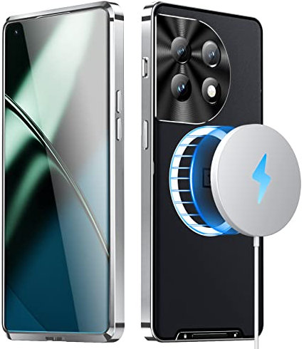 XMTON Coque pour OnePlus 11 5G pour Magsafe, Coque de Cadre en métal, Protection de l'appareil Photo, Coque de téléphone Ultra - Mince Antichoc, Anti-Traces de Doigts et Anti-Rayures, Argent