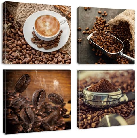 Sungeek 4 Teilig Leinwandbilder mit Holzrahme, Leinwanddruck Bilder 30x30cm, Moderne Wandbilder Kunstdruck Wand Dekoration für Wohnzimmer Schlafzimmer Esszimmer Home Büro (Kaffee)