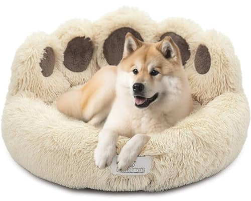 pfoten&nasen® Bärenpfote Hundebett [Beige, XL-105cm] – Flauschiges Donut Hundebett im Bärenpfoten-Design, Rund & Waschbar, Kuscheliges Hundekissen für Große Hunde