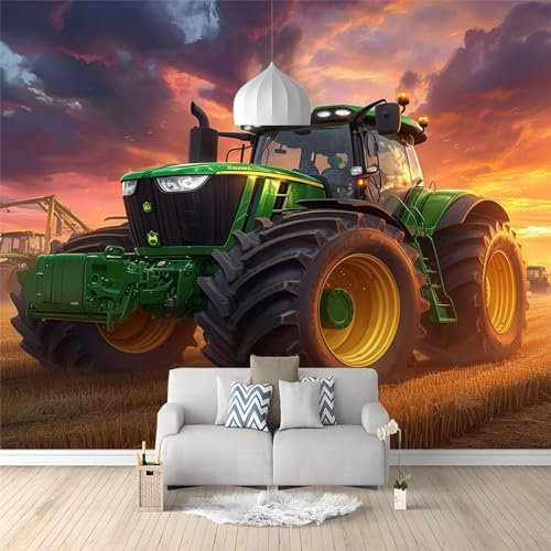 Wandgemälde Tapete Reisfeld Auf Dem Bauernhof 3D-Wandbild GrüNer Traktor Fototapete Für Schlafzimmer Wohnzimmer Sofa Tv Hintergrund Wanddekoration Vliespapier, 300 x 210 Cm Wanddeko Wohnzimm