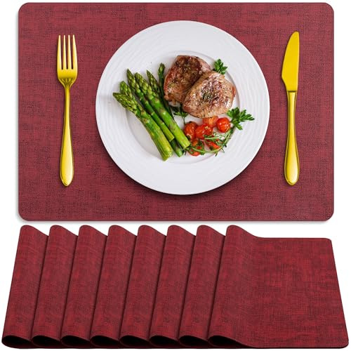 BARTHKIT Tischsets 8er Set Abwaschbar Hitzebeständig Tischset Abwischbar Kunstleder Platzsets Rutschfest Wasserdicht Quadratisch Tischmatten für Innen Draußen Weinrot